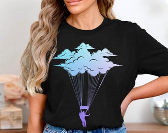 Cloud Parachuter T-Shirts, Ethereal Skydiving Adventure Tee, Dreamy Gradient Clouds Jumper, Unique Extreme Sport Apparel, Floating Design