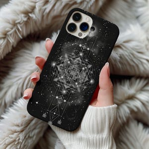 May include: Black phone case featuring a geometric design with white lines and dots, resembling a celestial map or constellation. The case has a glossy finish and a camera cutout. The design is centered on the back of the case.