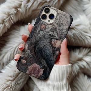 Stained Glass Black Crow Raven Phone Case Artful Witchy Goth Vintage Flowers Floral Goth Gift Samsung Iphone 13 14 15 16 Casing Tough Case