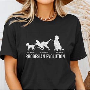 May include: Black t-shirt with a white graphic of a dog's evolution, from puppy to dinosaur to adult dog. The text "RHODESIAN EVOLUTION" is below the graphic, with age ranges. A fun, novelty tee.