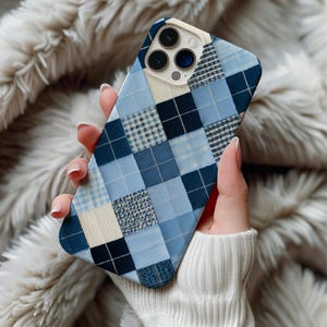 Blue Quilt Plaid MagSafe Phone Case Magnetic iPhone 14 15 16 17 Pro Max Galaxy S26 Cover Preppy Faux Tweed Patchwork
