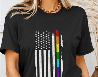 LGBTQ American Flag Shirt Rainbow Gay Pride Month Tshirt LGBTQ+