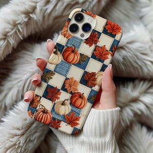 Fall Pumpkin MagSafe Phone Case Magnetic iPhone 17 16 15 14 Pro Max Galaxy S26 Cover Autumn Leaves Blue Plaid Farmhouse Thanksgiving Gift