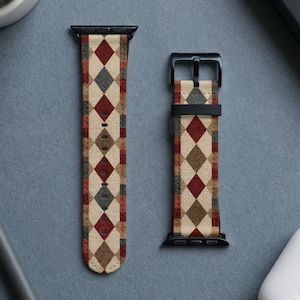 Quilted Patchwork Apple Watch Band Faux Leather Strap, Rustic Geometric Autumn Harlequin Wristband, Cozy Boho Country Gift for Her