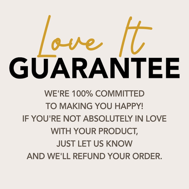 Puede incluir: Un gr&aacute;fico con el texto "Love It GUARANTEE" en dorado y negro. El texto debajo dice "&iexcl;Estamos 100% comprometidos a hacerte feliz! Si no est&aacute;s absolutamente enamorado de tu producto, h&aacute;znoslo saber y te reembolsaremos tu pedido."