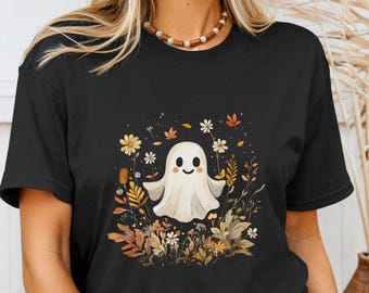 Cute Ghost Wildflower Shirt Autumn Leafs Fall Tshirt Vintage Floral Halloween Ghost Tee Gifts T-Shirt