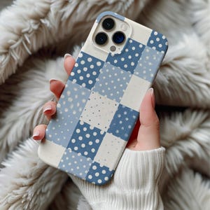 Blue Patchwork Quilt Mag Safe Phone Case iPhone 14 15 16 17 Pro Max Galaxy S26 Cover Vintage Coastal Grandmillennial Polka Dot Gingham Case