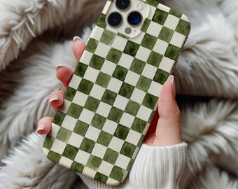 Funda magnética MagSafe con estampado de cuadros verde musgo para iPhone 16, 15, 14, 17, 18 Pro Max y Galaxy S26. Funda con estética de cuadros acuarela color oliva.