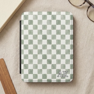 Funda para Kindle Paperwhite de 7" con estampado de cuadros en acuarela verde salvia, cubierta personalizada con estampado de cuadros, funda minimalista para lector electrónico.