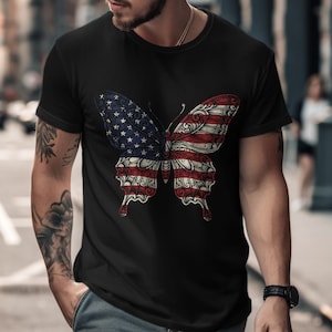 Black t-shirt with an American flag butterfly graphic.