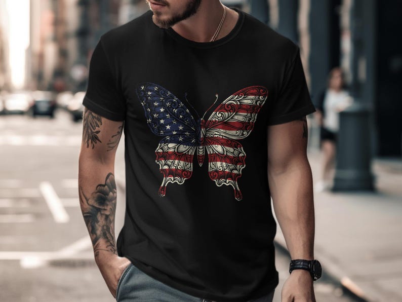 Black t-shirt with an American flag butterfly graphic.