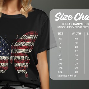 T-shirt with American flag butterfly graphic and size chart.