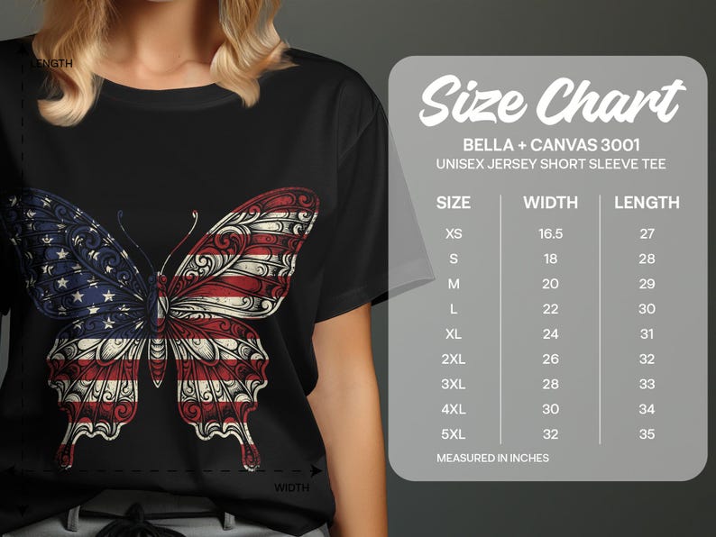 T-shirt with American flag butterfly graphic and size chart.