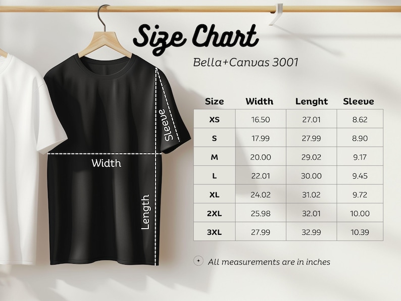 May include: A black t-shirt hanging on a wooden hanger, with a size chart to the right. The size chart shows measurements in inches for width, length, and sleeve length for sizes XS to 3XL. The text "Size Chart" is at the top.