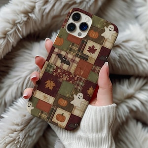 Herbstliches Patchwork-Quilt-Handyhülle mit MagSafe-Motiv im Vintage-Halloween-Stil für iPhone 17, 16, 15, 14 Pro Max, niedliches Geister- und Fledermausmotiv, Herbst-Cover für Galaxy S26, rustikales Karomuster
