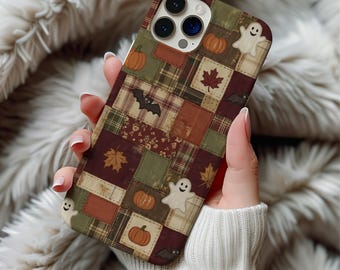 Fall Patchwork Quilt MagSafe Phone Case Vintage Halloween iPhone 17 16 15 14 Pro Max Cute Ghost Bat Autumn Cover Galaxy S26 Rustic Plaid