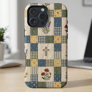 Christian Quilt MagSafe Phone Case Floral Patchwork iPhone 16 15 14 17 Pro Max Cover Faux Embroidery Cross Folk Cottagecore Galaxy S26