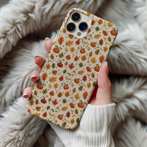 Fall MagSafe Phone Case Printed Magnetic iPhone 14 15 16 17 Pro Max Samsung Galaxy S26 Cover with Faux Embroidered Pumpkin & Autumn Leaves