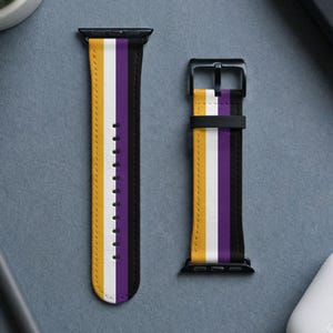 May include: A two-piece watch band featuring a vertical striped pattern in yellow, white, purple, and black. The band includes a black metal buckle and connector hardware, with a series of adjustment holes running down the center of the longer strap.