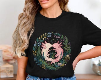 Cute Axolotl Love Shirt Romantic Axolotl Couple Print, Whimsical Aquatic Illustration, Enchanted Forest Garden Decor, Sweet Amphibian