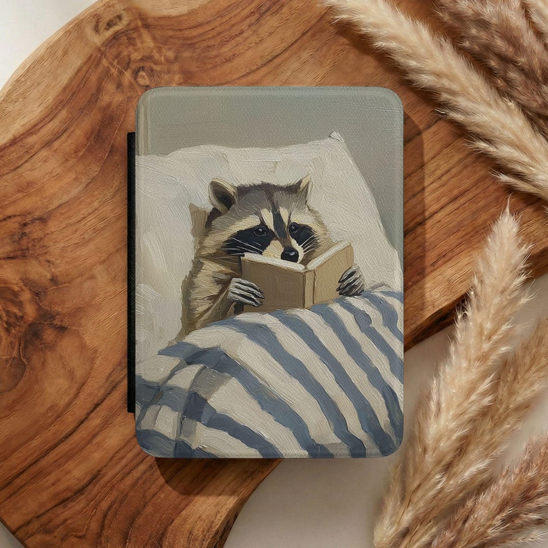 Raccoon Reading Book Kindle Case Faux Leather Funny Bookworm