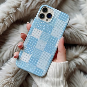 Blue Gingham Patchwork Mag Safe Phone Case iPhone 14 15 16 17 Pro Max Galaxy S26 Cover Cute Polka Dot Aesthetic Pastel Plaid Grid Case