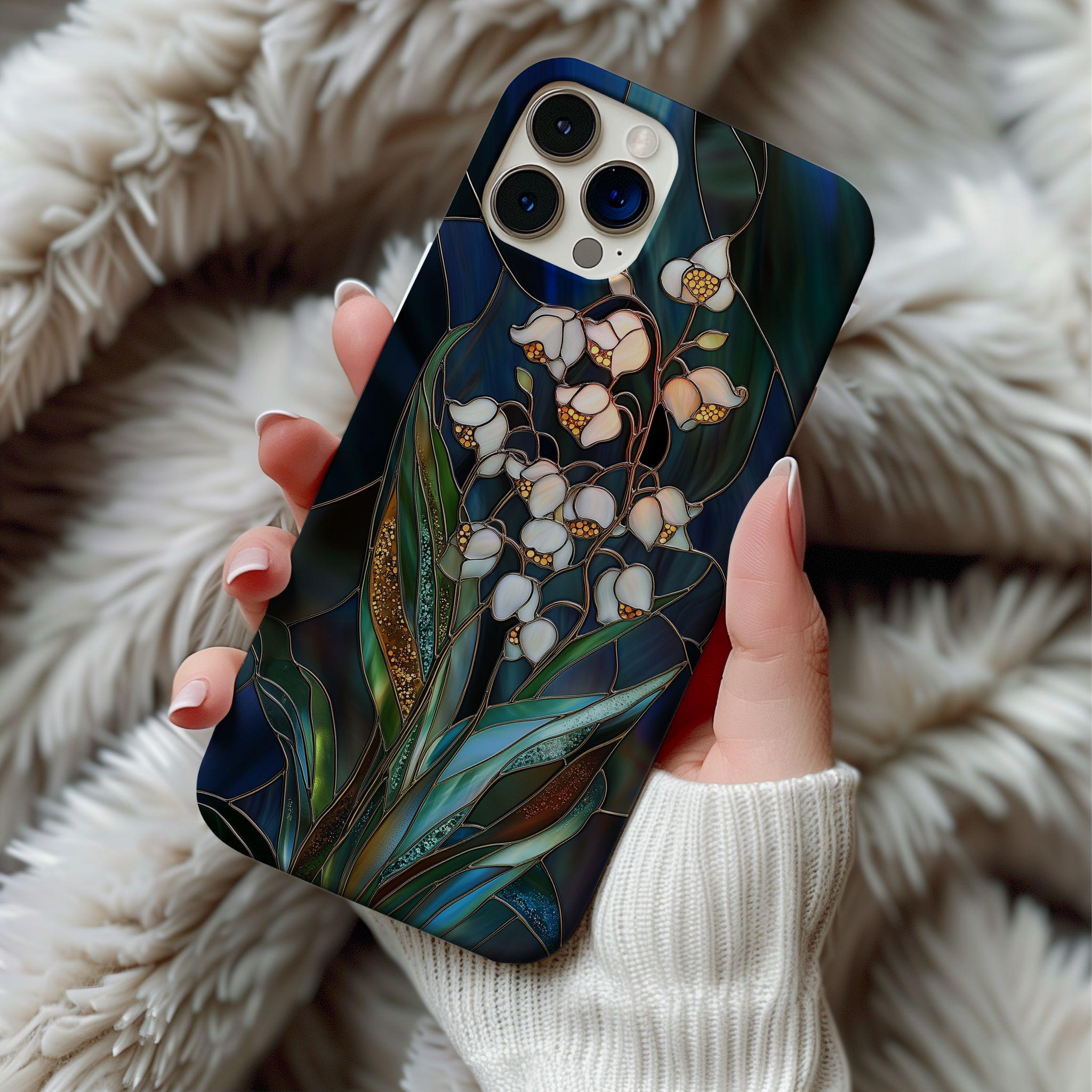 Stained Glass Style Lily Of The Valley Wildflower Phone Case Art Deco Birth Flower Floral Artful Gift Iphone 13 14 15 16 Casing Tough Cases