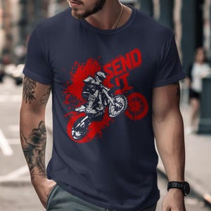 Dark blue t-shirt with red "SEND IT" graphic featuring a dirt biker in action.