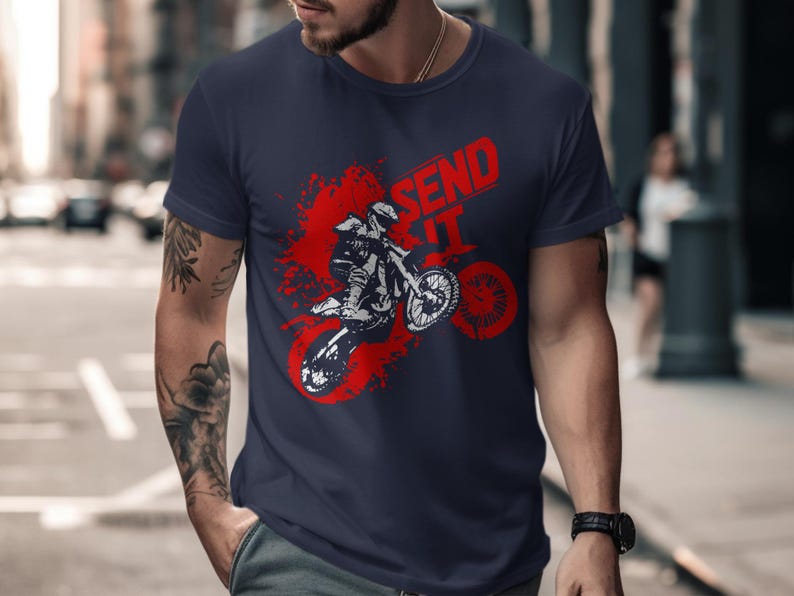 Dark blue t-shirt with red "SEND IT" graphic featuring a dirt biker in action.