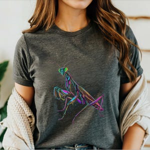 May include: A dark grey t-shirt with a colorful graphic of a praying mantis. The mantis is outlined in black and filled with vibrant colors, including green, blue, pink, and purple.