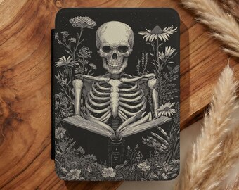 Skeleton Book Kindle Case Faux Leather Dark Academia Wildflower Gothic Bookworm Kindle Paperwhite Cover