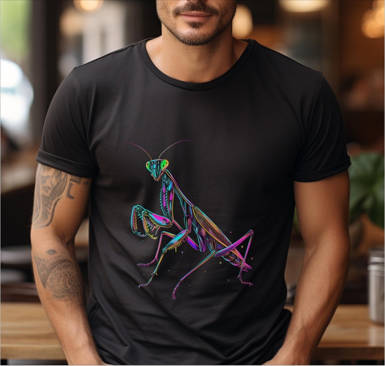 May include: A black t-shirt with a colorful, iridescent praying mantis graphic.