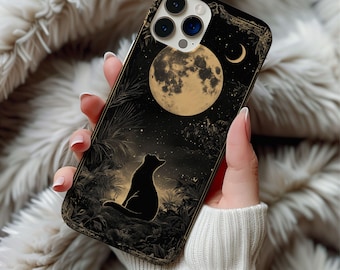 Schwarze Katze Handytasche Vollmond Himmlisch Ockult Witchy Gothic Artdeco Wildblumen Katze Liebhaber Geschenk Iphone 13 14 15 16 Gehäuse Tough Phone Cases