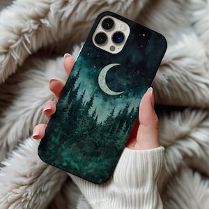 Custodia per telefono con luna crescente della foresta oscura, custodia per telefono con motivo stregonesco, elegante, alla moda, verde salvia celeste, per iPhone 13, 14, 15 e 16, resistente.