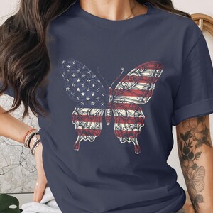 Navy t-shirt featuring a butterfly with American flag wings.