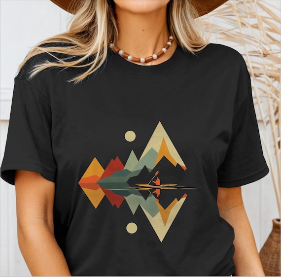 Kayak Shirt Geometric Mountains Vintage Kayaking Tshirt Minimalist Kayak Tee Lake Nature Lover Gift Idea Unisex T-Shirt