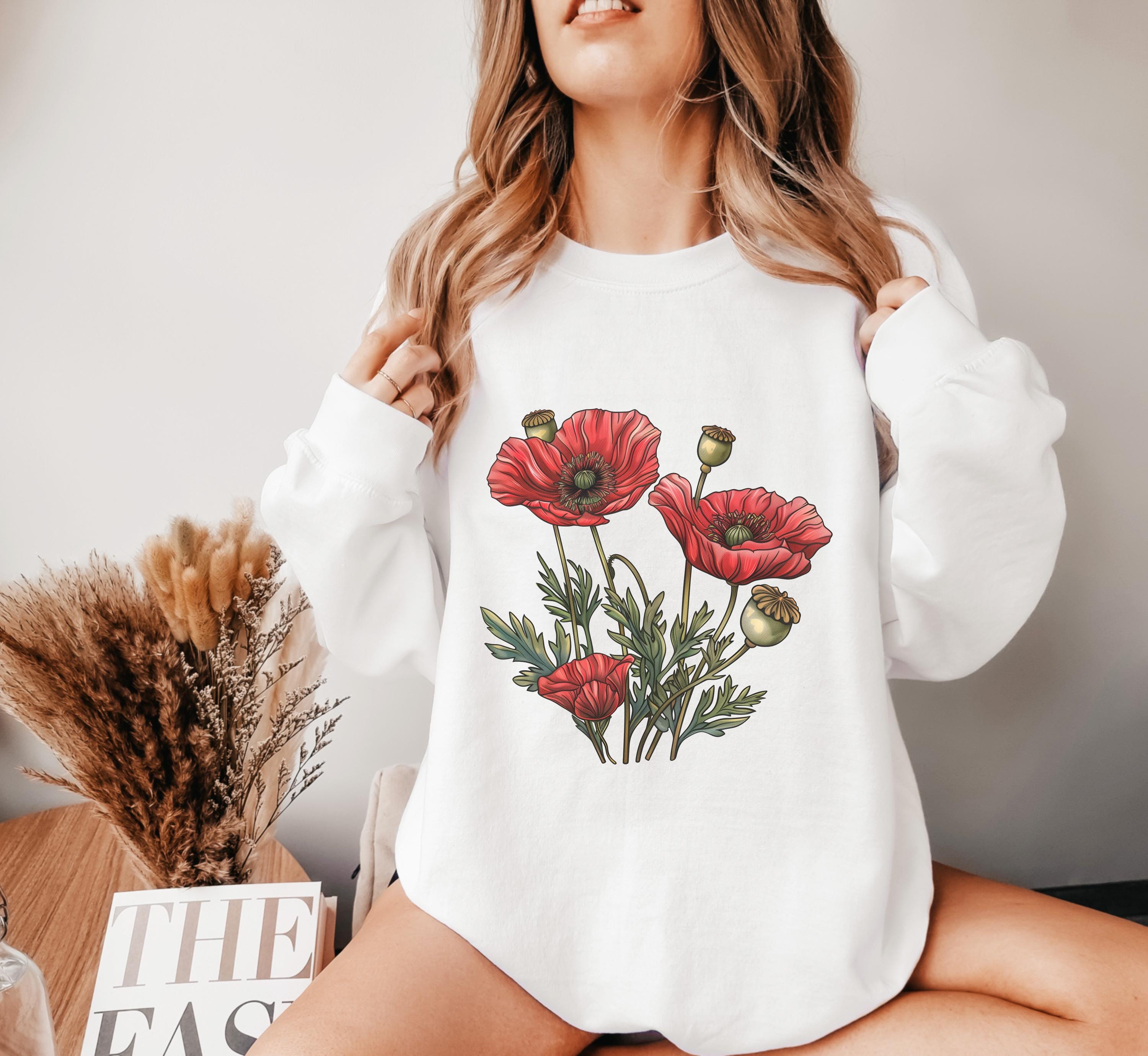 Poppy Flower Sweatshirt Red Poppy Sweater Vintage Floral 