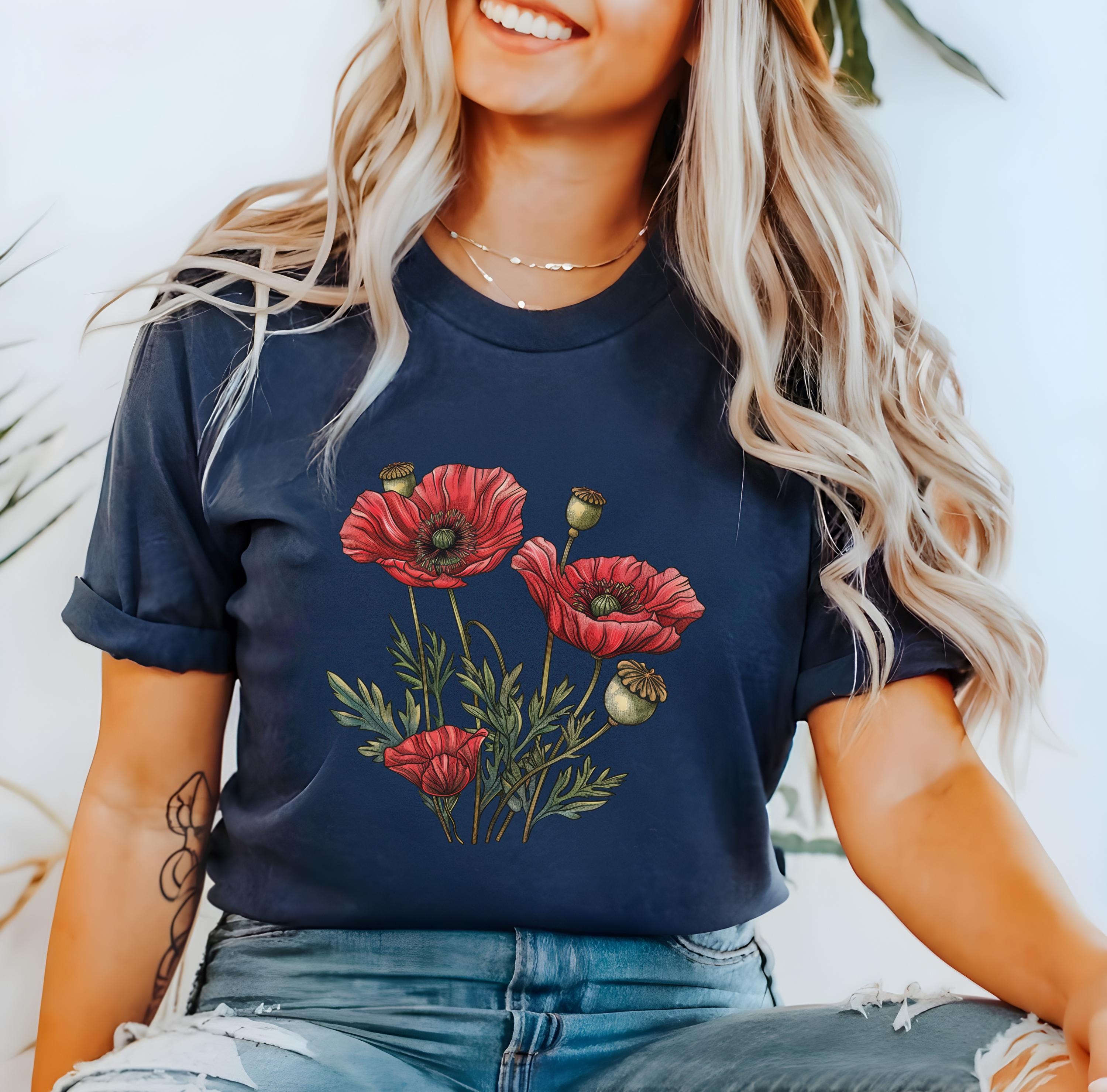 Poppy Flower Shirt Red Poppies Tshirt Vintage Floral Botanical