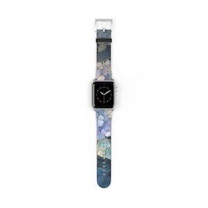 Blue Hydrangea Stained Glass Apple Watch Band Vegan Faux Leather Vintage Flower Pattern Artful Trendy Aesthetic Gift Idea Floral Watch Band image 2