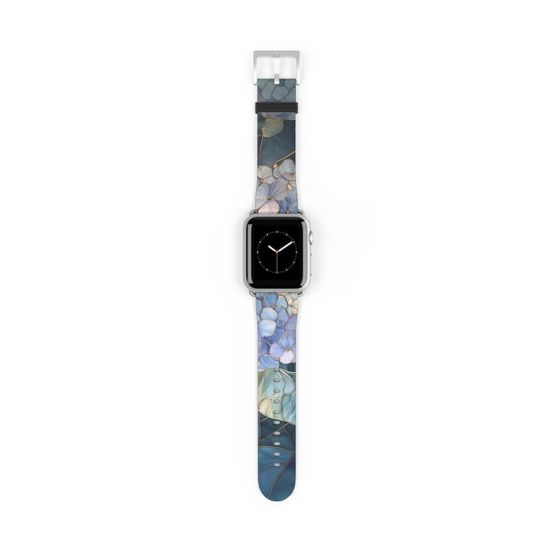 Blue Hydrangea Stained Glass Apple Watch Band Vegan Faux Leather Vintage Flower Pattern Artful Trendy Aesthetic Gift Idea Floral Watch Band image 2