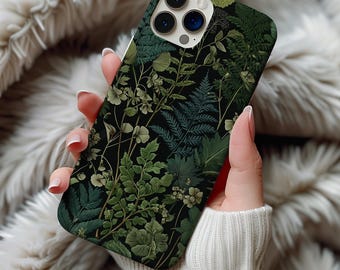 ダークボタニカル柄スマホケース セージグリーン 森の植物 シダ模様 iPhone 13 14 15 16 17 Pro Max Air & Samsung Galaxy S26 対応 タフケース