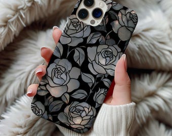 Stained Glass Black Roses Phone Case Artful Trendy Goth Vintage Flowers Floral Goth Gift Samsung Galaxy Iphone 13 14 15 16 17 Tough Case