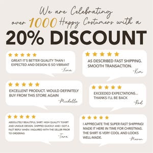 K&ouml;nnte beinhalten: Eine Grafik mit dem Text "We are Celebrating over 1000 Happy Customers with a 20% DISCOUNT". Die Grafik zeigt f&uuml;nf Kundenbewertungen mit f&uuml;nf Sternen und positive Kommentare zu den Produkten und dem Service.