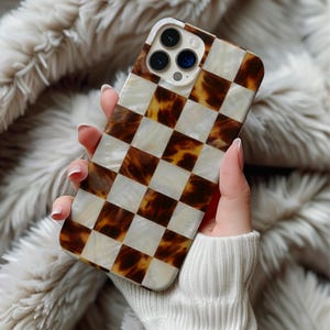 Tortoise Shell Checkerboard MagSafe Phone Case Printed Magnetic iPhone 16 15 14 Pro Max Galaxy S26 Mother of Pearl Checkered Chic Cover