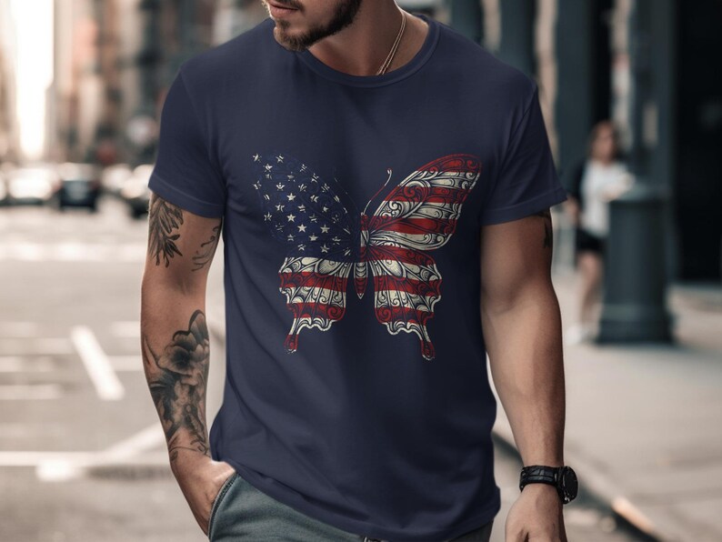 Man in navy t-shirt with American flag butterfly graphic.