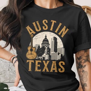 Austin Texas Shirt Vintage Guitar Austin Skyline T-Shirt Texas Music Lover Gift Austin TX Souvenir Unisex Tee