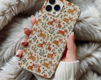 Corgi Dog MagSafe Phone Case with Faux Embroidered Floral Pattern | iPhone 14 15 16 17 Pro Max Samsung Galaxy S26 Cover