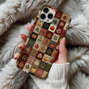 Funda magnética MagSafe con diseño de patchwork otoñal para iPhone 16, 15, 14, 17 Pro Max y Galaxy S26. Funda rústica con diseño de hojas de calabaza otoñales estilo granja.