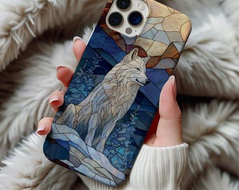 White Wolf Stained Glass Phone Case Winter Season Animal Case Gift Iphone 13 14 15 16 17 Pro Max Air Samsung Galaxy S25 Tough Phonecase