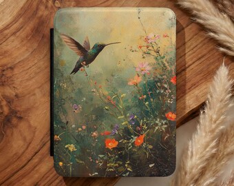 Hummingbird Wildflower Kindle Case Faux Leather Botanical Cottagecore Vintage Floral Kindle Cover